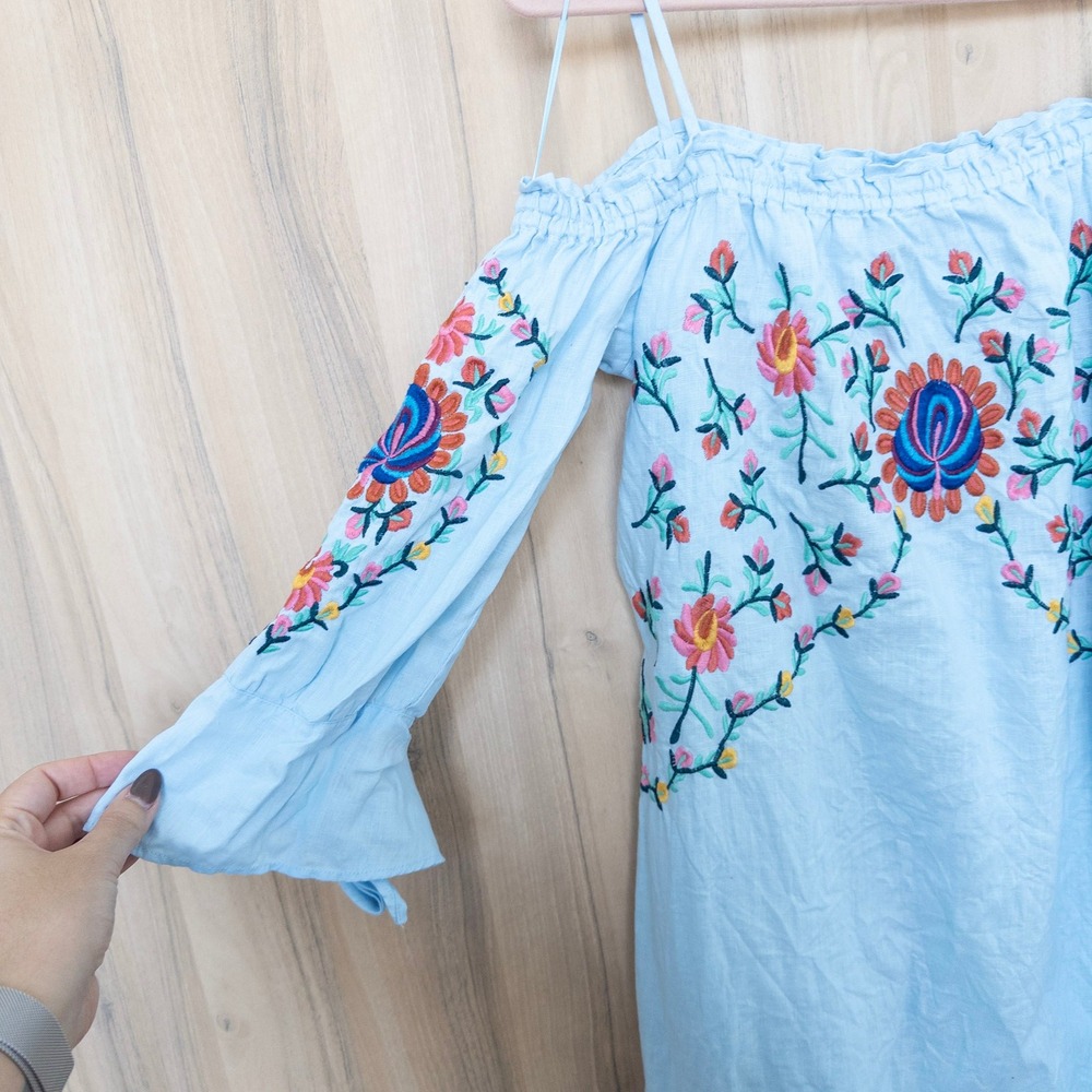 Philosophy Linen Embroidered Floral Dress Small Blue Cold Shoulder Boho Cottage - Picture 5 of 9